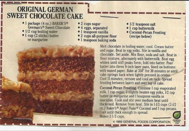 german chocolate cake recipe card